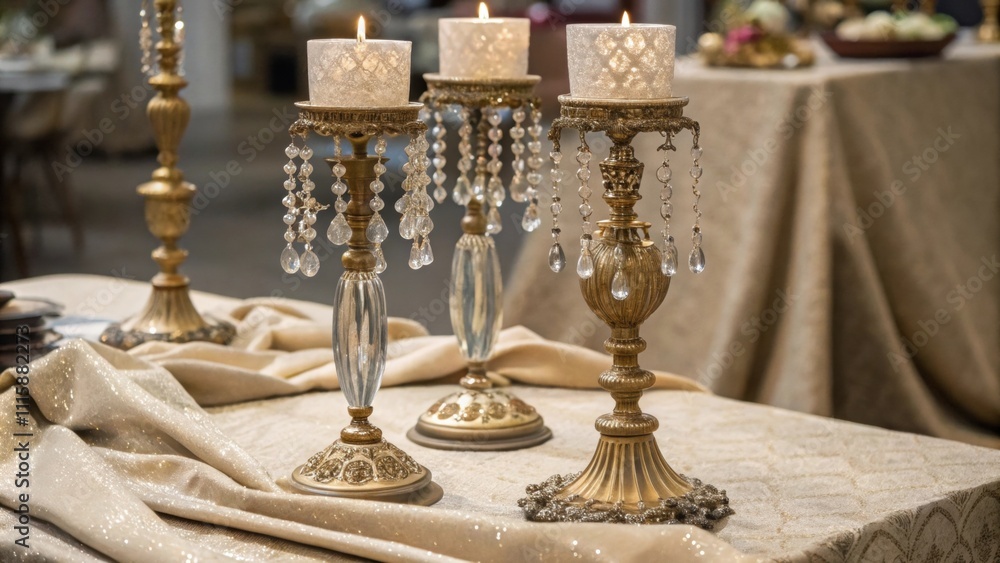 Poster An array of chandelier pieces including ornate candle holders and shimmering beads is organized neatly on a textured fabric pulling the viewers eye to the craftsmanship.