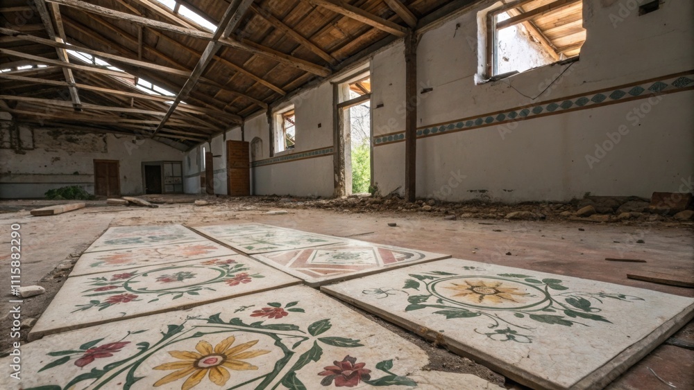Poster An array of weathered tiles showcasing faded floral designs lying forlornly in an empty room with walls and wooden beams exposed overhead.