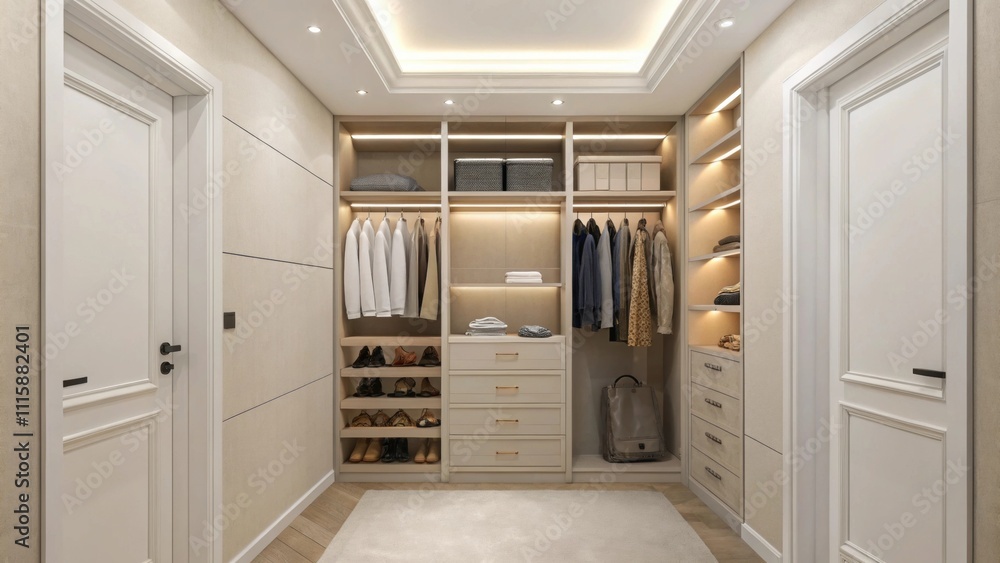 Poster a narrow closet clad in bright neutral tones revealing a tall shelf installed at the top with additi