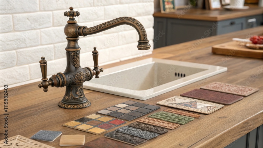Poster an antiquestyle sink faucet with ornate detailing resting on top of a wooden island while colorful t