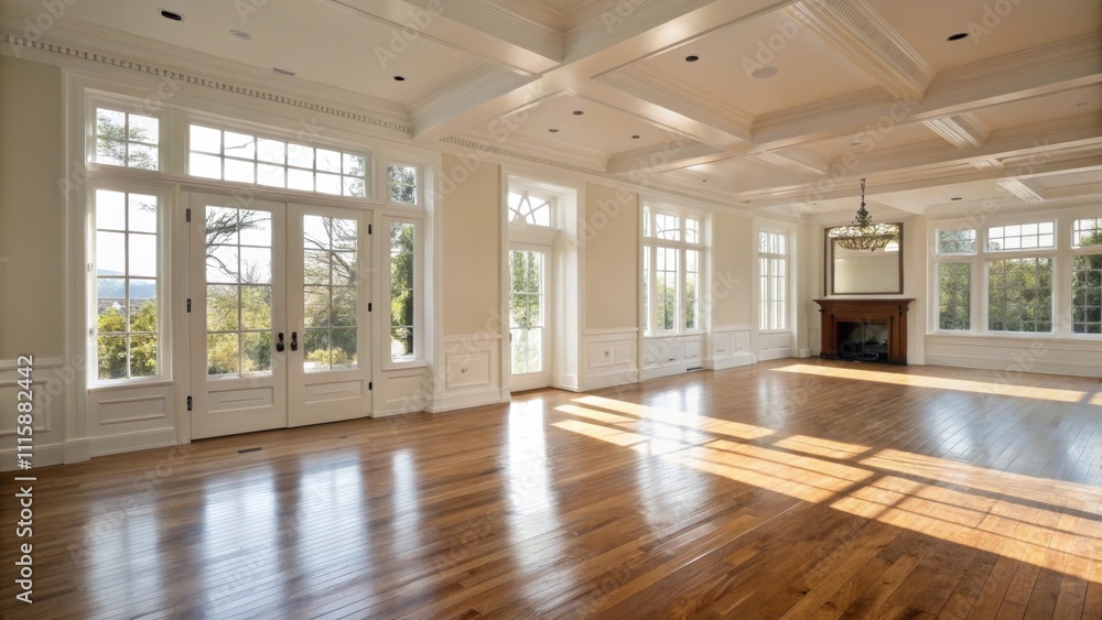 Poster An airy open space with pristine polished hardwood floors highlighting the simplicity and elegance of the uncluttered environment bathed in sunlight.