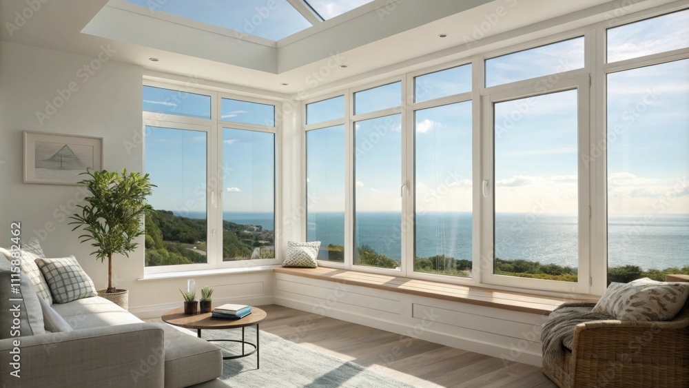 Poster An airy living area featuring a window frame without curtains showcasing clear new seals and an unobstructed view of the blue sky beyond.