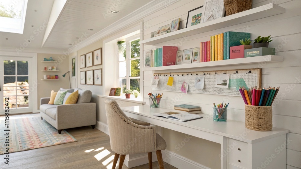 Poster An airy home office with wallmounted storage displaying an array of stationery and personal memorabilia on floating shelves creating a creative and inviting workspace.