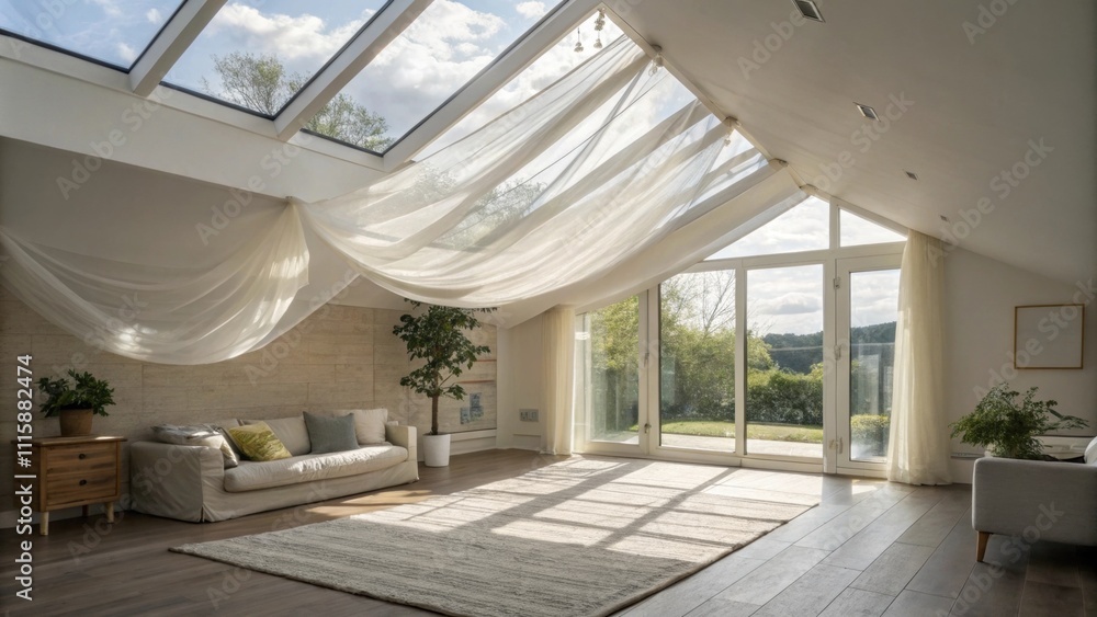 Poster An airy living space where sunlight floods in through a new skylight while protective plastic sheeting flutters gently in the warm breeze.