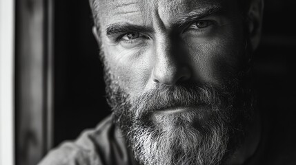 Obraz premium A black and white close-up of a man's face, with deep wrinkles and a thoughtful expression.