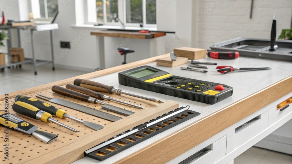 Poster a modern workbench setup with a clean shiny surface showcasing precise measuring tools a digital lev