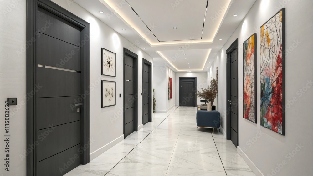 Poster A modern hallway with doors finished in sleek charcoal contrasting sharply with bright white walls while a series of abstract art pieces add a pop of color.