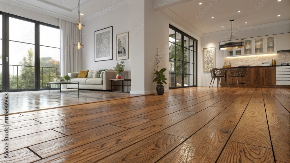 Poster A modern interior space with a gleaming recently installed wooden subfloor the wood grain visible and rich with a faint sheen reflecting nearby light.