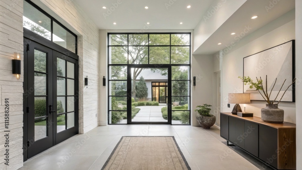 Poster a modern entryway featuring a large window with minimalist black trim welcoming guests with ample li