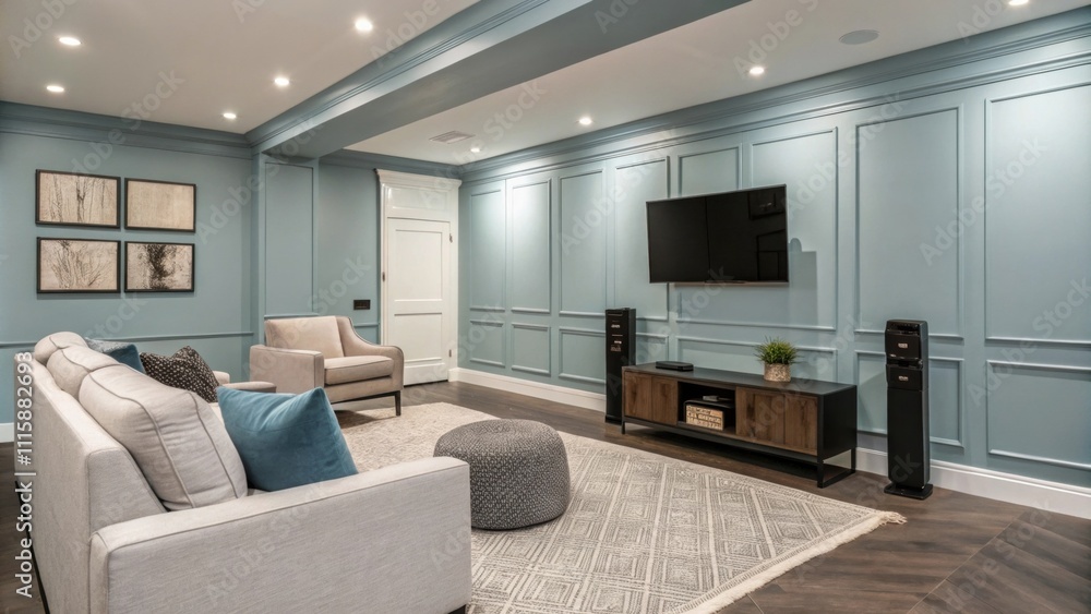 Poster a modern entertainment area showcasing a pale blue wall adorned only with matte black mounting brack