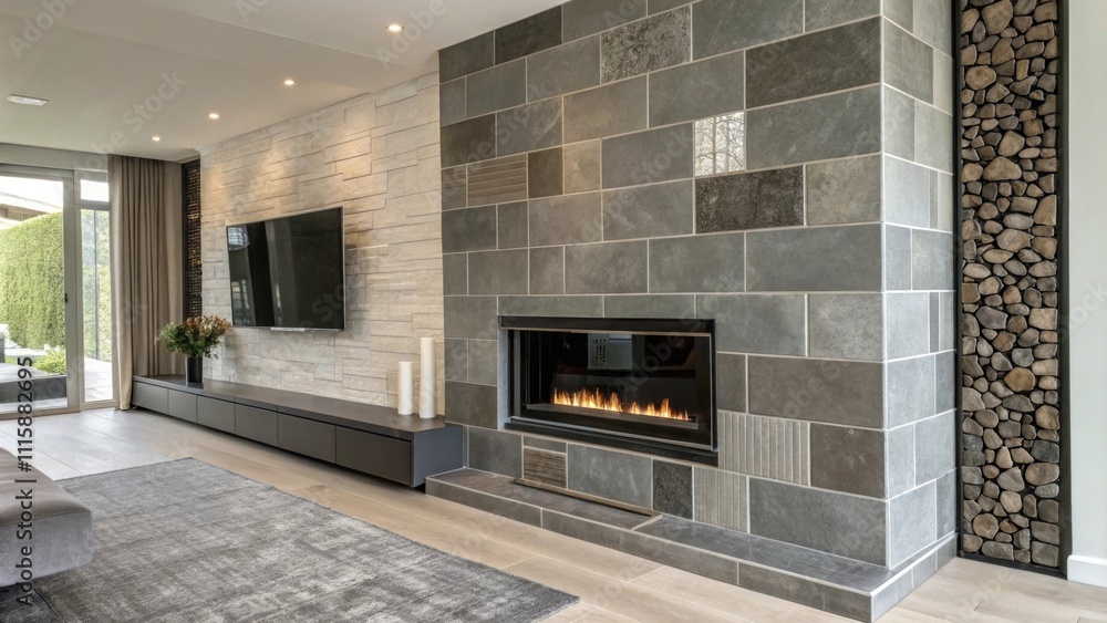 Poster a modern fireplace surrounded by a tiled wall where the tiles reflect different shades of gray with 