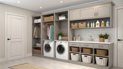 A modern laundry room with recessed shelves neatly organizing cleaning supplies and decorative storage baskets turning a utilitarian space into an aesthetically pleasing area.