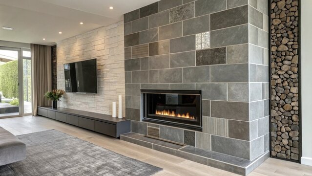 A modern fireplace surrounded by a tiled wall where the tiles reflect different shades of gray with some parts still left in their raw form before grouting.