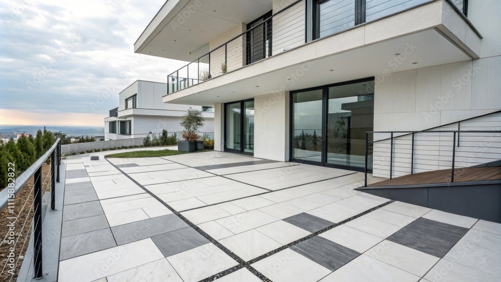 Poster a modern balcony with stark white and gray tiles laid in a geometric pattern where some areas remain