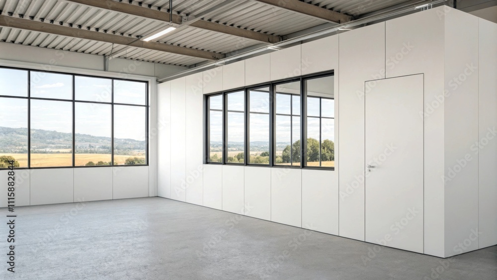 Poster A minimalist white partition wall featuring a large window out allows natural light to flow between two distinct areas while maintaining visual separation.