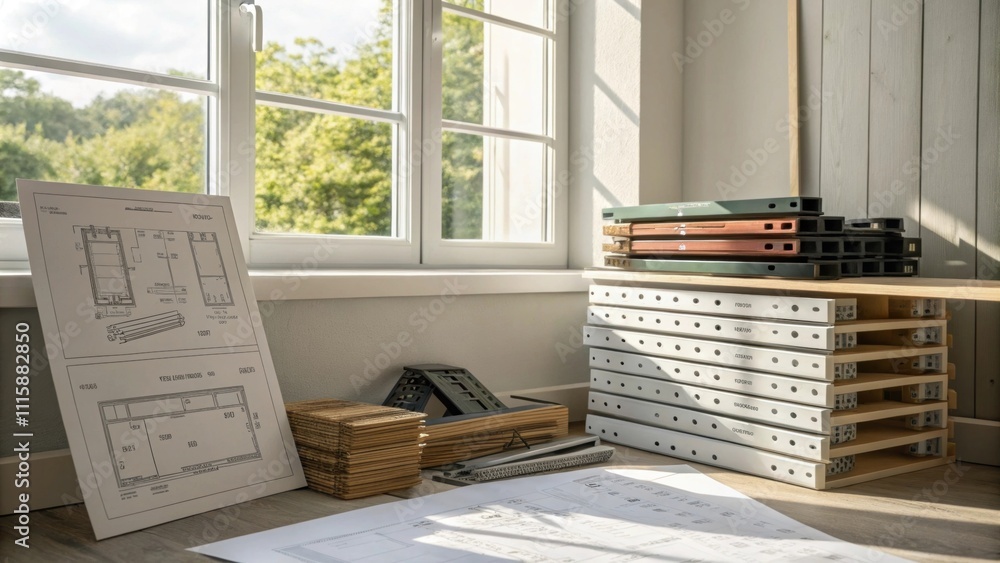 Poster A mixed assortment of shelving units and brackets piled against a window with detailed assembly instructions peeking out from underneath.
