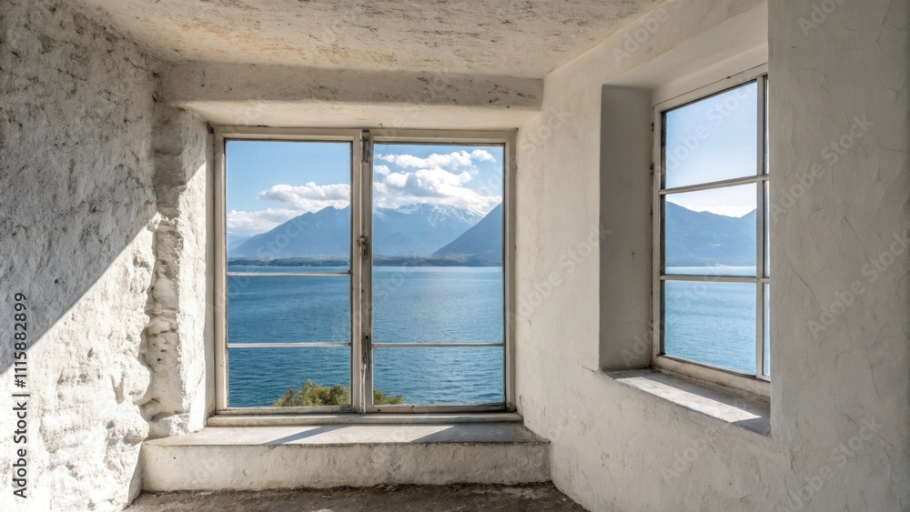 Aufkleber A minimalist space adorned with a window frame the crisp edges and new seals standing out against the textured wall emphasizing simplicity and tranquility.