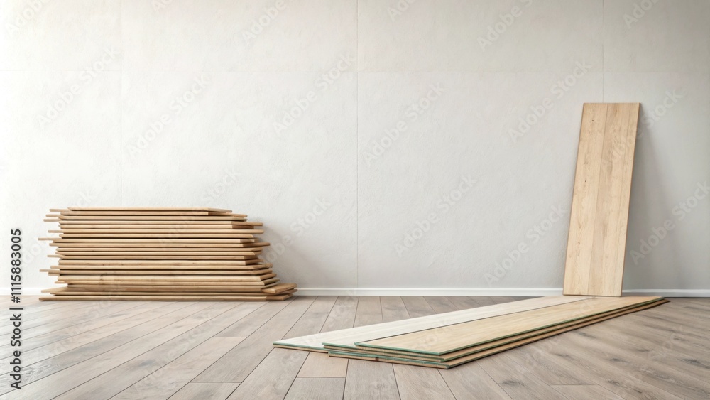 Poster A minimalist setup showing a single stack of laminate flooring planks on a blank canvas of a wall hinting at a fresh start and new design possibilities.