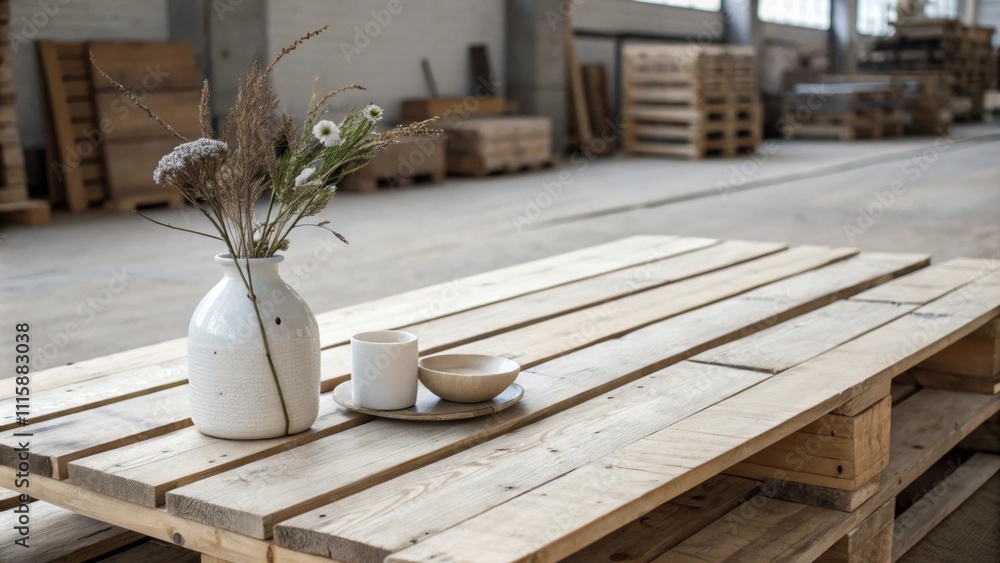 Poster A minimalist setup featuring sanded wooden planks arranged as a makeshift table adorned only with a simple vase.