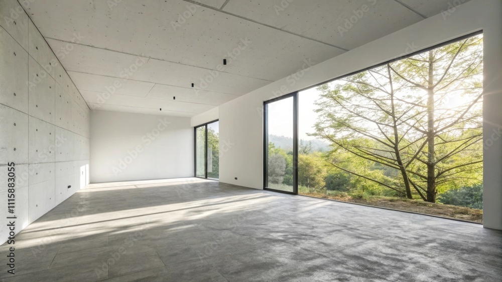 Poster a minimalist room with stark white walls contrasted by raw concrete flooring where sunlight streams 