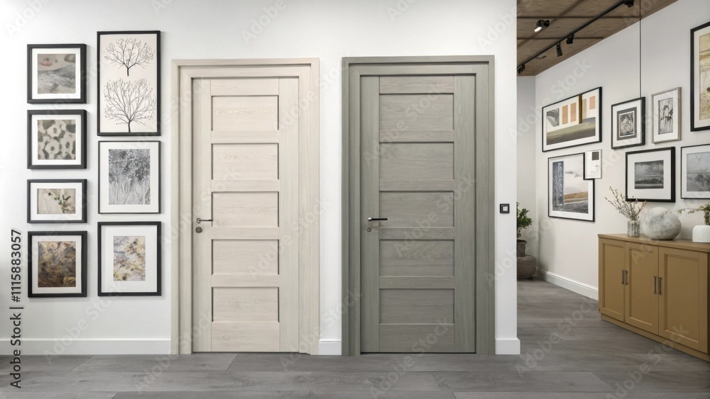Poster a minimalist setup featuring prehung doors in neutral tones leaning against a gallery wall adorned w
