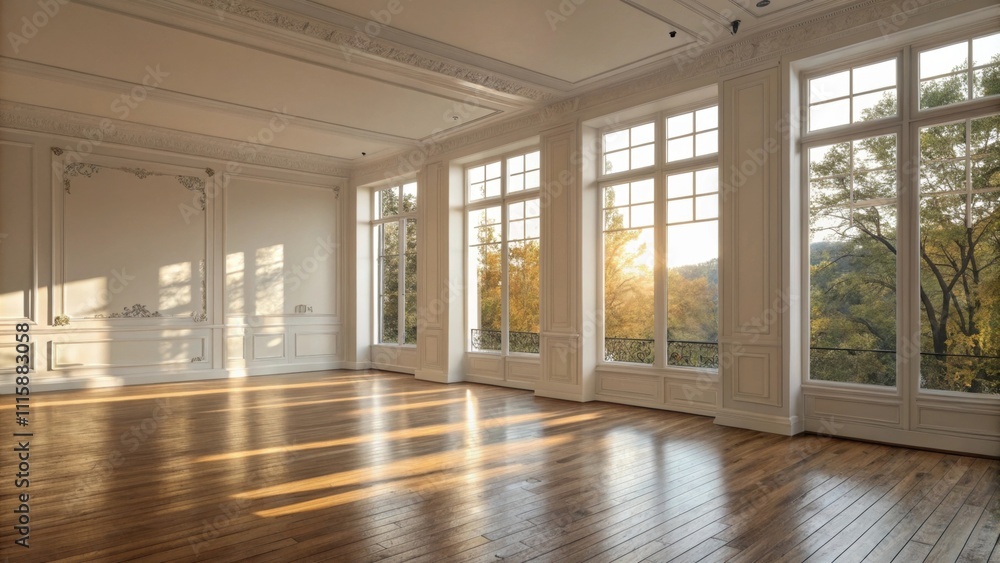 Aufkleber a minimalist room with glistening polished wood floors where sunlight streams through tall windows c