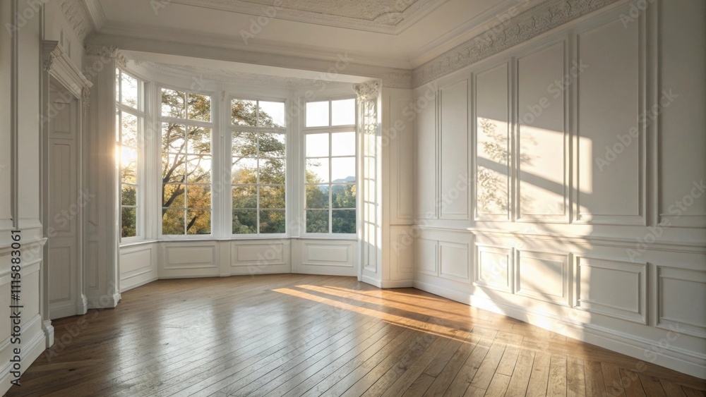 Poster a minimalist setting where white walls meet a polished wooden floor with sunlight streaming through 