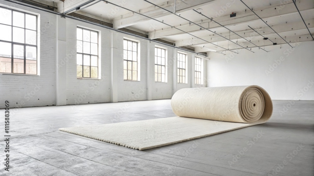 Poster a minimalist room with white walls highlighting a pale roll of carpet padding on a simple cement flo