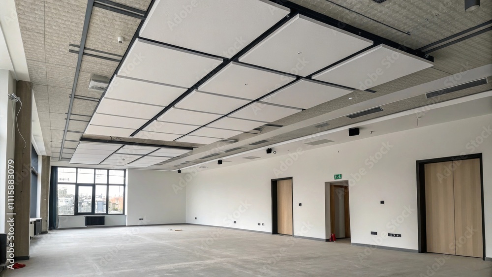 Poster a minimalist room where a ceiling is adorned with a few sleek elongated acoustic panels while other 