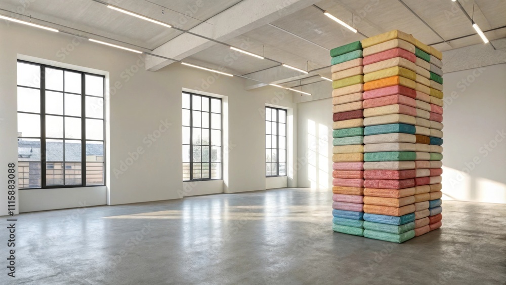 Aufkleber A minimalist room featuring lightcolored walls and a polished concrete floor with a towering stack of colorful insulation packages creating an artistic arrangement in the corner.