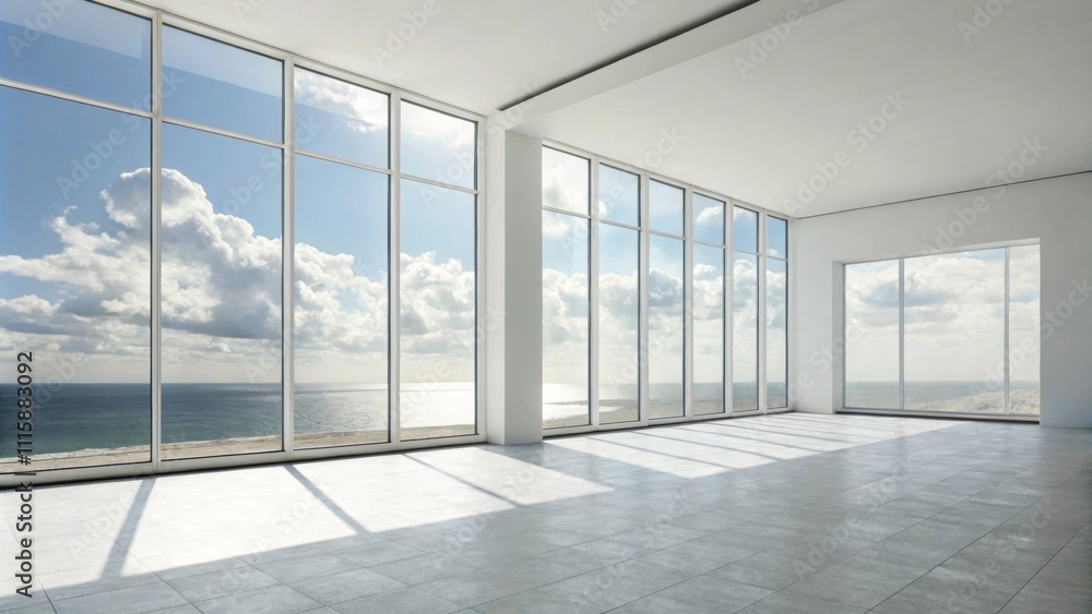Poster a minimalist room featuring two massive clearglass windows focusing on the empty expanse of the wall
