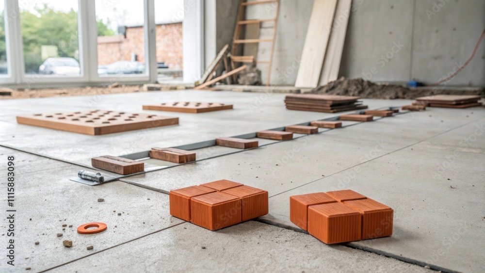 Aufkleber a minimalist setting with a few tered tile spacers on a smooth cement floor surrounded by constructi
