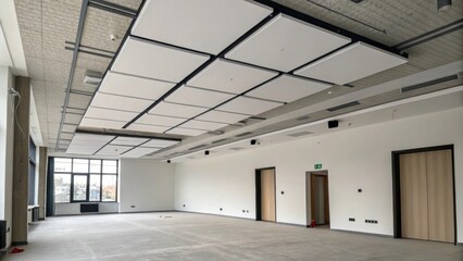 A minimalist room where a ceiling is adorned with a few sleek elongated acoustic panels while other sections are blank evoking a feeling of incompletion.