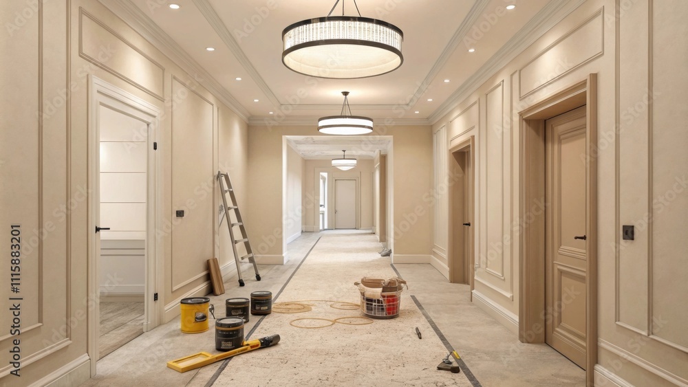 Poster a minimalist hallway showcasing a soft beige palette with various modern ceiling lamps p sporadicall