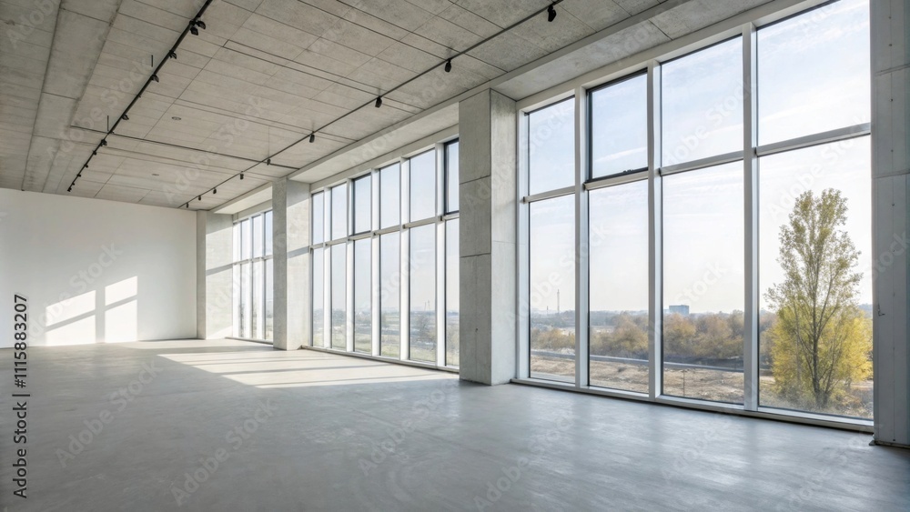 Poster A minimalistic space characterized by tall slim windows with no curtains highlighting the starkness of the room with its walls and smooth unfinished flooring evoking a sense of