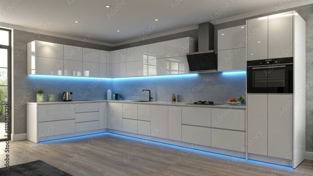 Aufkleber A minimalist corner with glossy cabinets where soft blue undercabinet lights have been partially added creating a contemporary feel against a neutral wall.