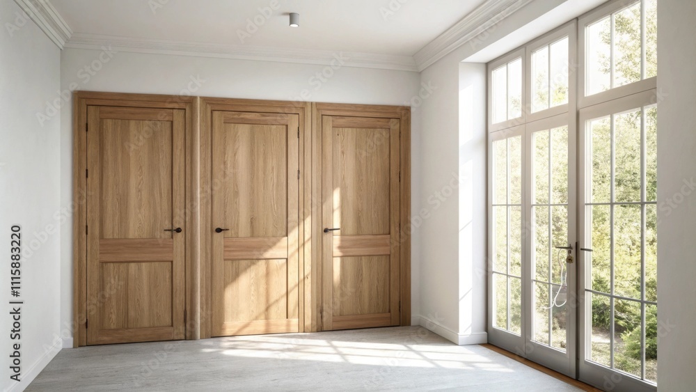 Poster a minimalistic corner featuring a neat stack of unpainted wooden doors surrounded by a bright airy r