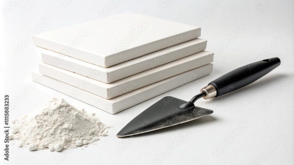 Aufkleber A minimalistic approach capturing a simple stack of plain white ceramic tiles with a sleek black trowel and a small mound of grout at the base.