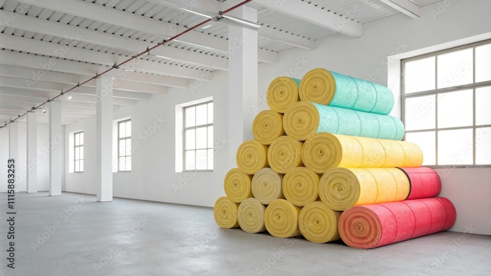 Poster a minimalistic room showcasing a vibrant stack of insulation rolls against clean white walls signali