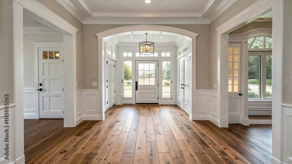 Poster a minimalist entryway with freshly laid wooden planks on the floor and newly installed white trim ac