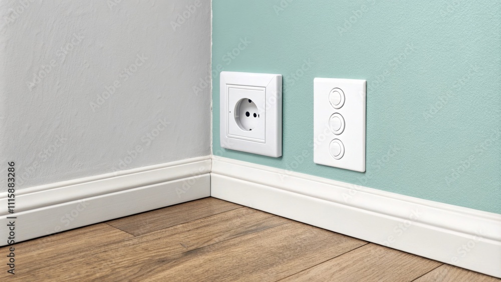 Poster a minimalist corner space showcasing a clean white outlet positioned beside a sleek modern light swi