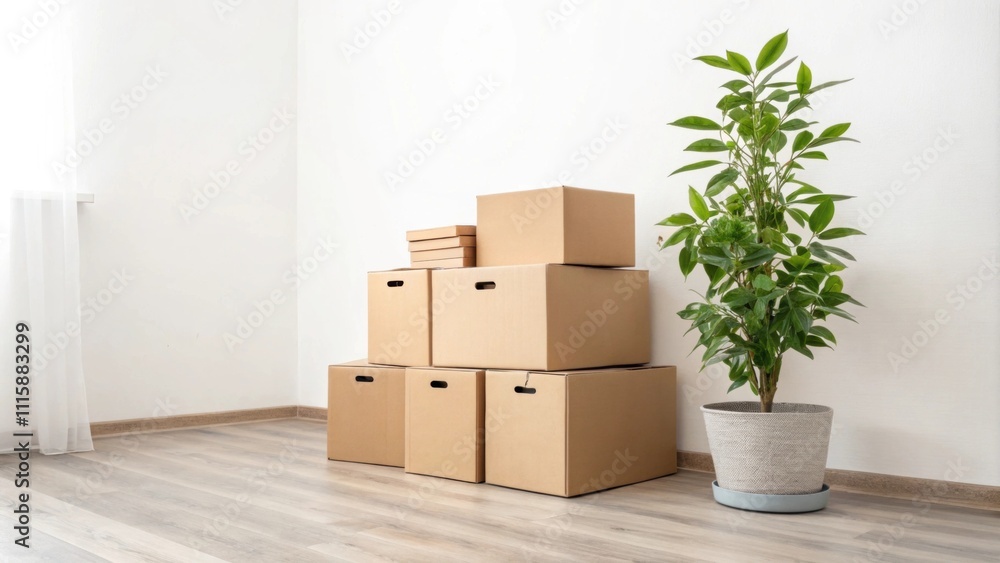 Aufkleber A minimalist corner of a room featuring a tidy stack of unod laminate flooring boxes with a simple potted plant adding a touch of greenery.