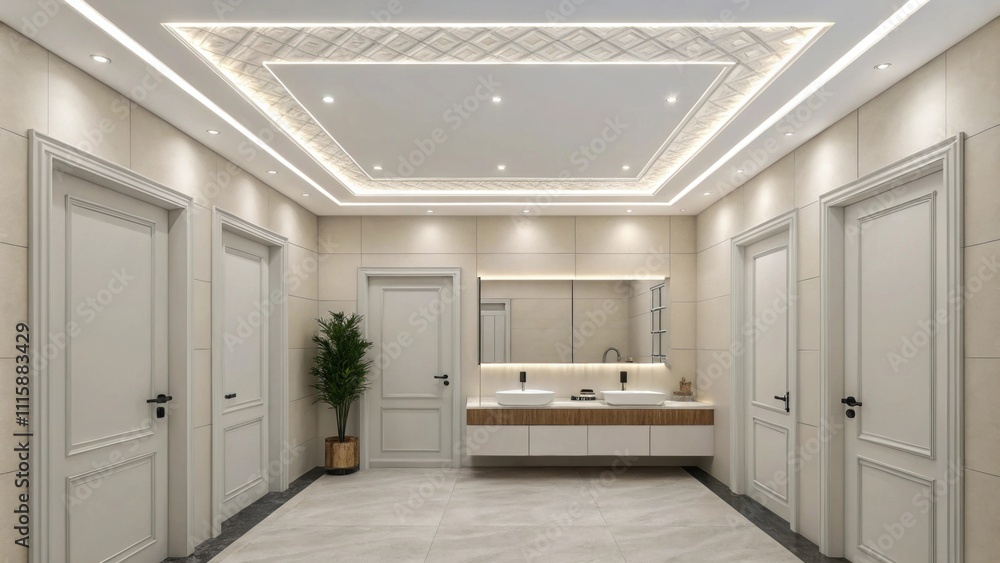 Poster A minimalist bathroom featuring a freshly painted ceiling its sleek finish highlighted by precise tape work at the junctions offering a fresh and clean atmosphere.