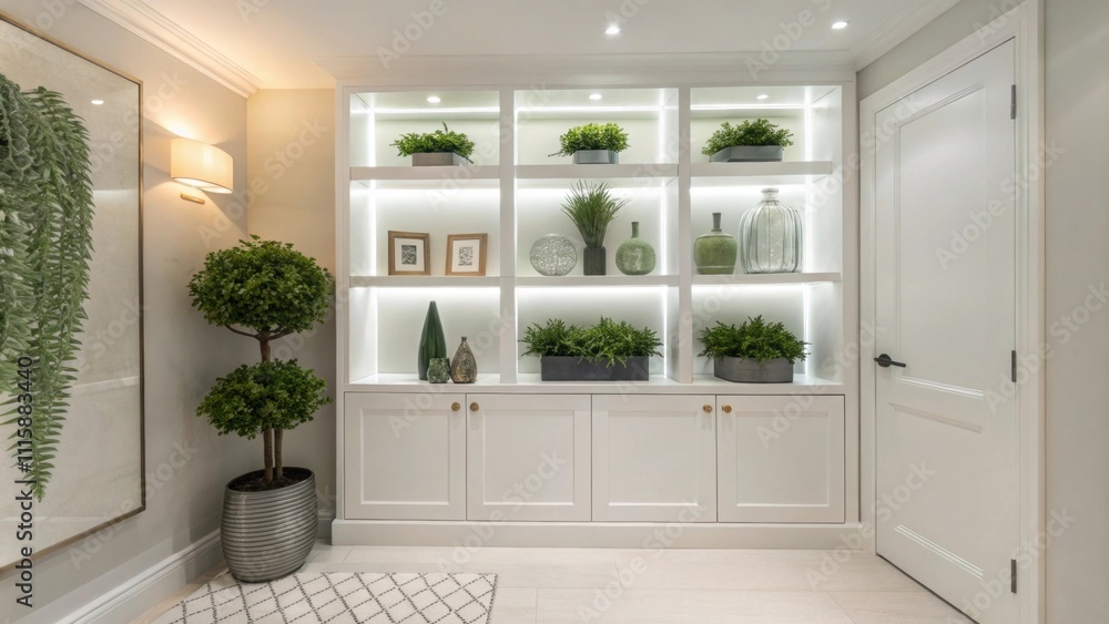 Poster a minimalist alcove with crisp white builtin shelves featuring a perfect blend of greenery and sleek