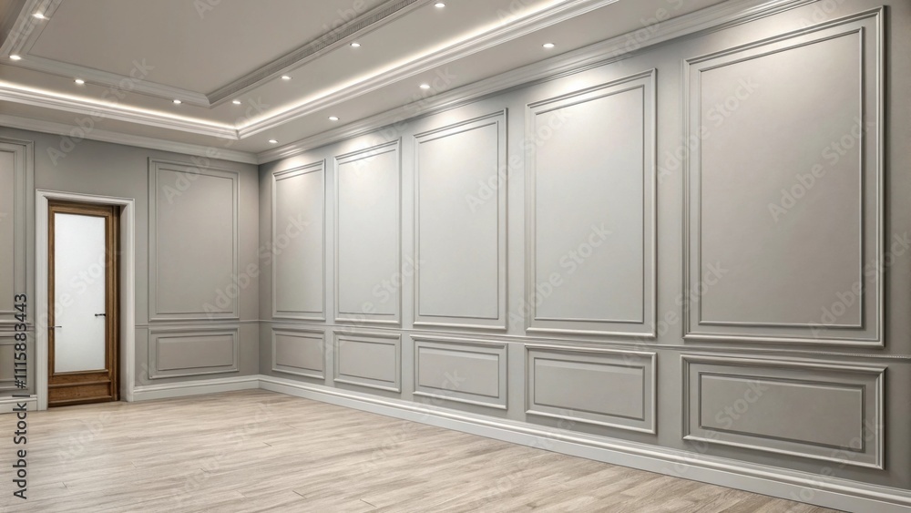 Poster a minimalist approach with a stark lightgray wall and sleek modern rectangular moldings painted the 