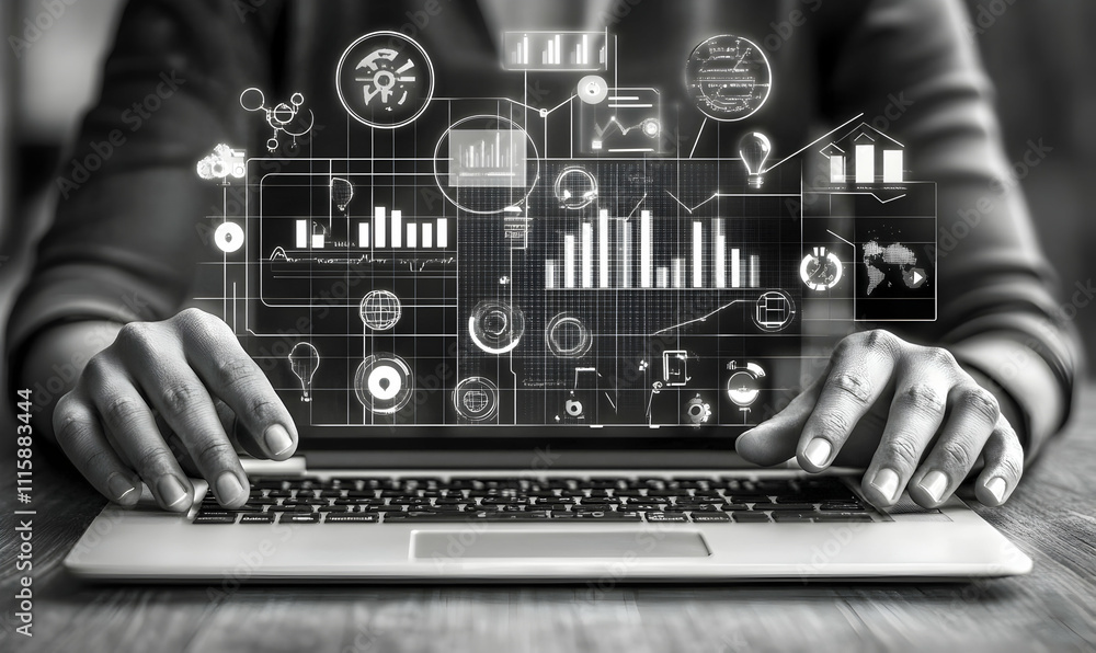 Poster hands interacting with a digital interface showcasing data analysis and business intelligence, prese