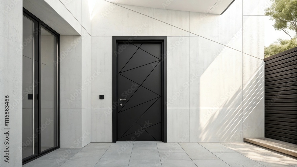 Poster A matte black door with a geometric shape perfectly complementing the angular lines of the modern interior and creating a striking contrast against a white door.
