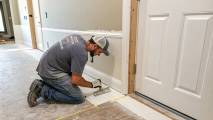Fototapeta premium A meticulous patch job on a drywall surface near a doorway where fine lines of joint compound have been carefully smoothed ready for the finishing touch that will complete the new