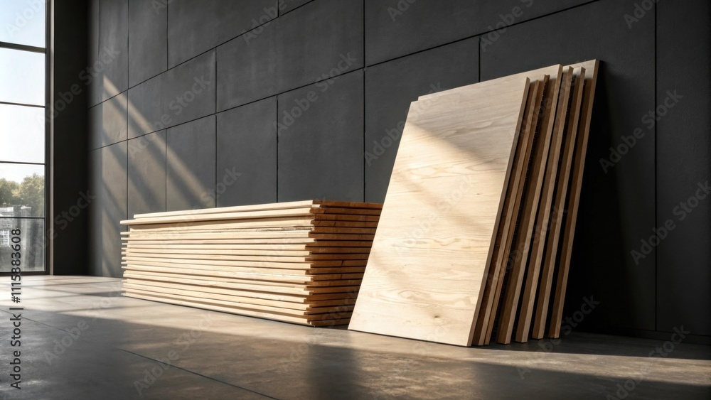 Aufkleber a leaning stack of plywood sheets their smooth surface catching the light creating a contrast agains