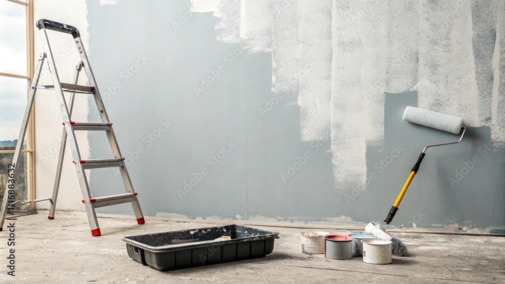 Poster a large wall covered in a light gray primer with a paint roller and tray set on the floor hinting at
